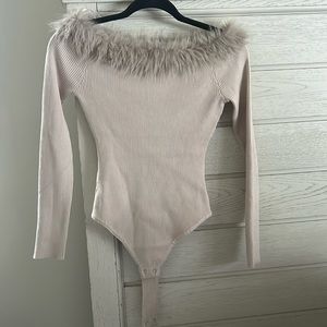 Vegan Fur Off Shoulder Sweater Top Beige